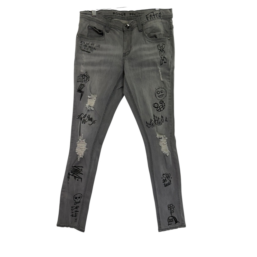 Rogue 30w Skinny Jeans Mens Gray Graffiti‎ Distressed Denim Pants (F6)